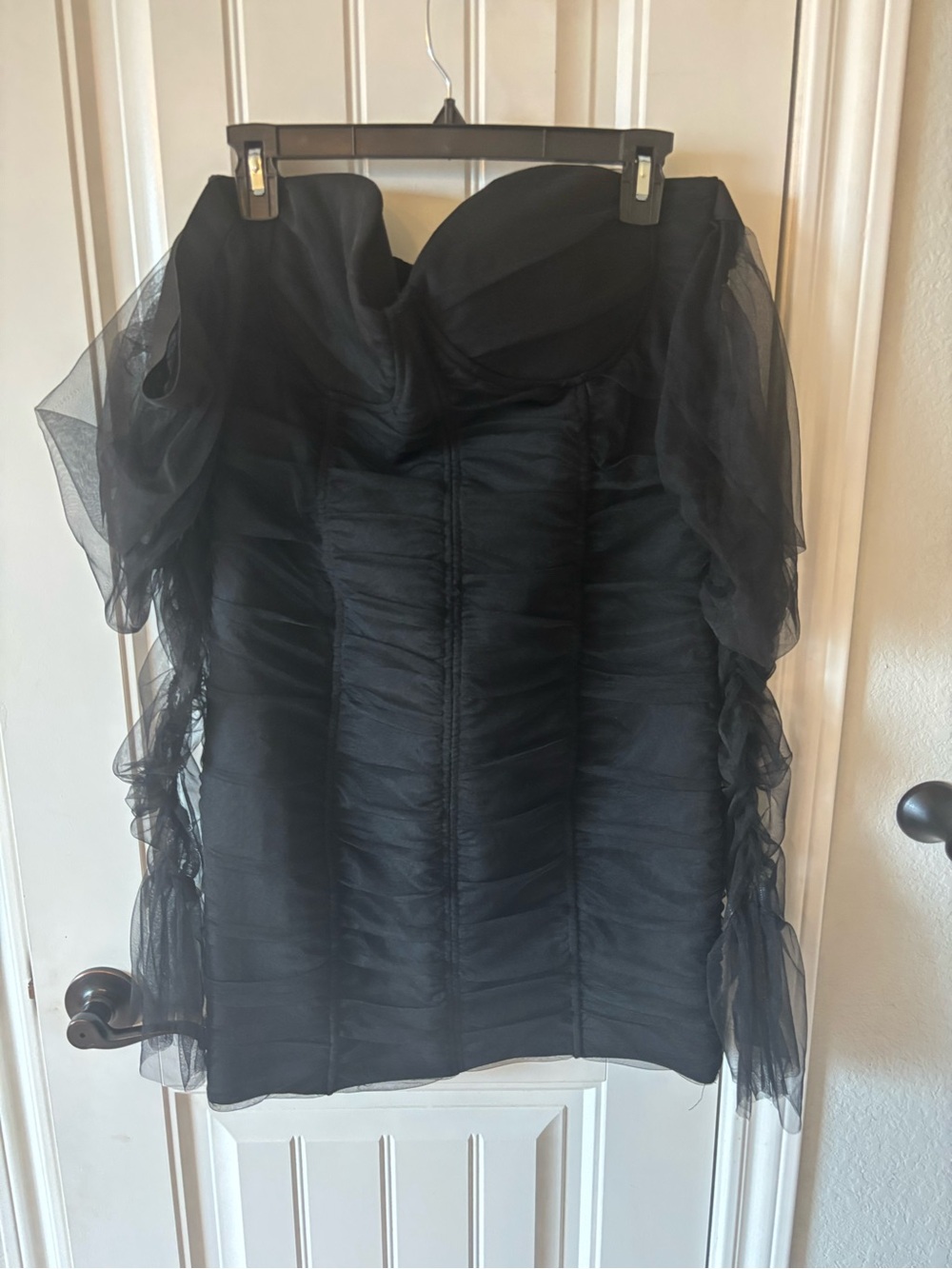 Black Strapless Ruffled Tulle Mini Dress